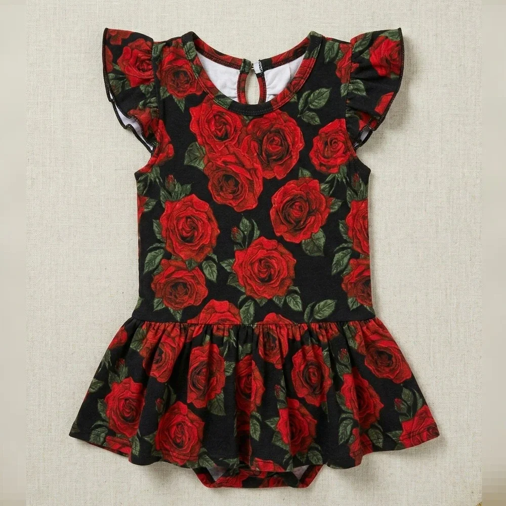 Baby Romper‎ Dress 18-24M Black Red Bamboo Stretchy Rose Floral Cute